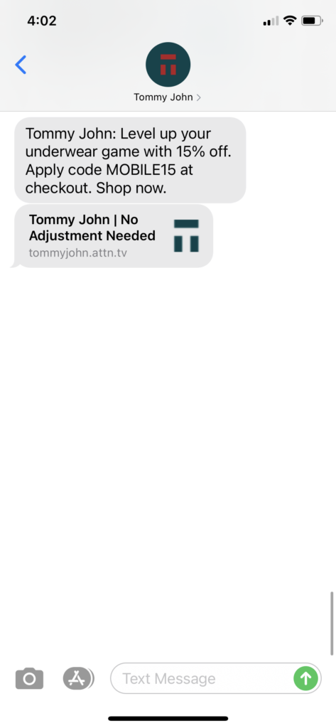 Tommy John Text Message Marketing Example - 10.06.2020