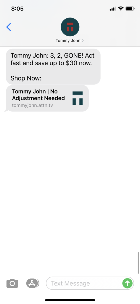 Tommy John Text Message Marketing Example - 10.16.2020