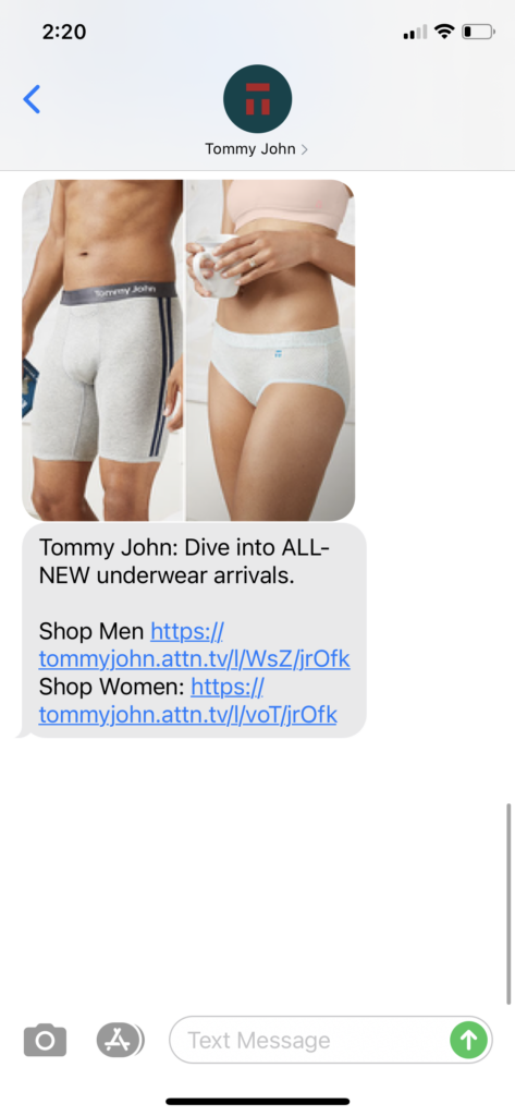 Tommy John Text Message Marketing Example - 8.16.2020