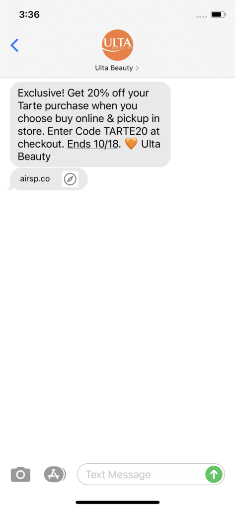 Ulta Beauty Text Message Marketing Example - 10.16.2020