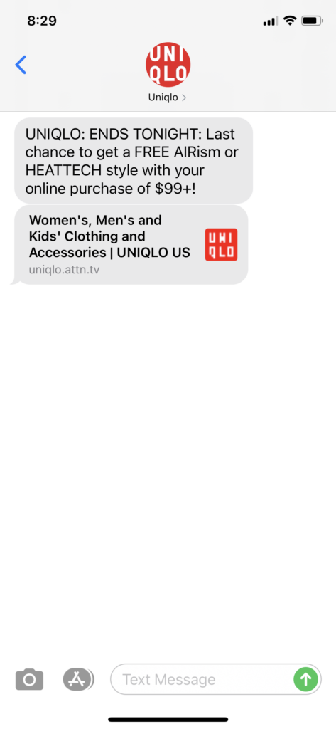 Uniqlo Text Message Marketing Example - 10.14.2020