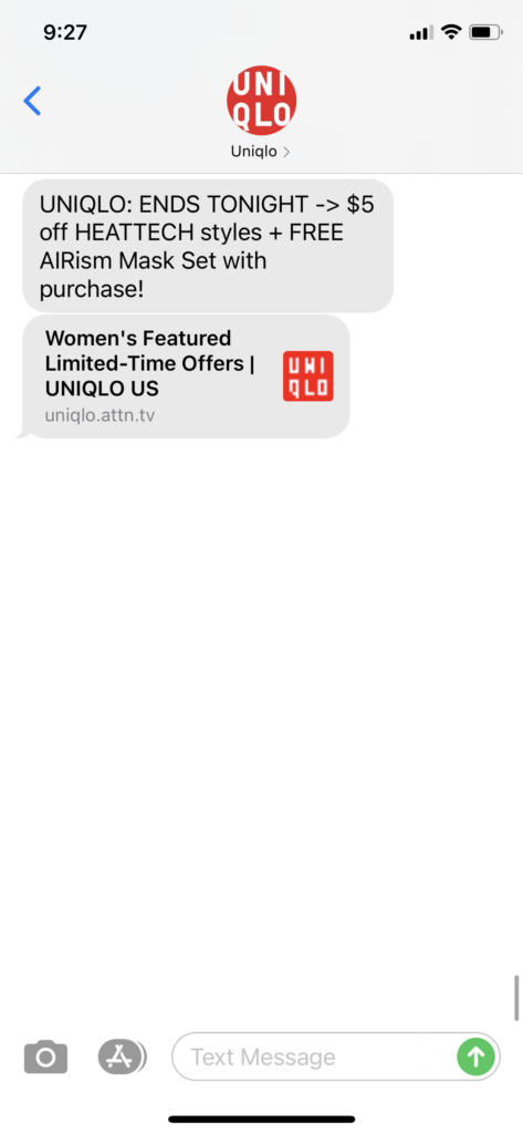 Uniqlo Text Message Marketing Example - 10.25.2020