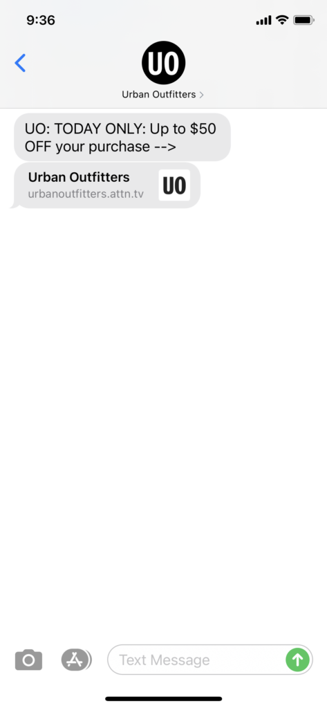 Urban Outfitters Text Message Marketing Example - 10.20.2020