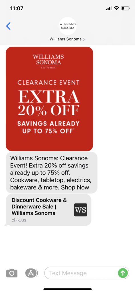 Williams Sonoma Text Message Marketing Example - 10.10.2020