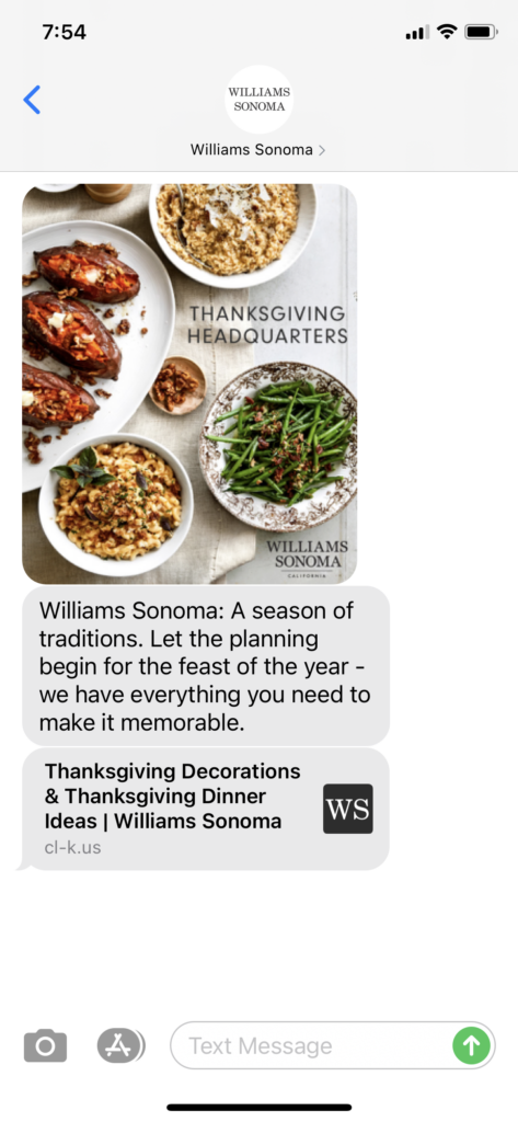 Williams Sonoma Text Message Marketing Example - 10.17.2020