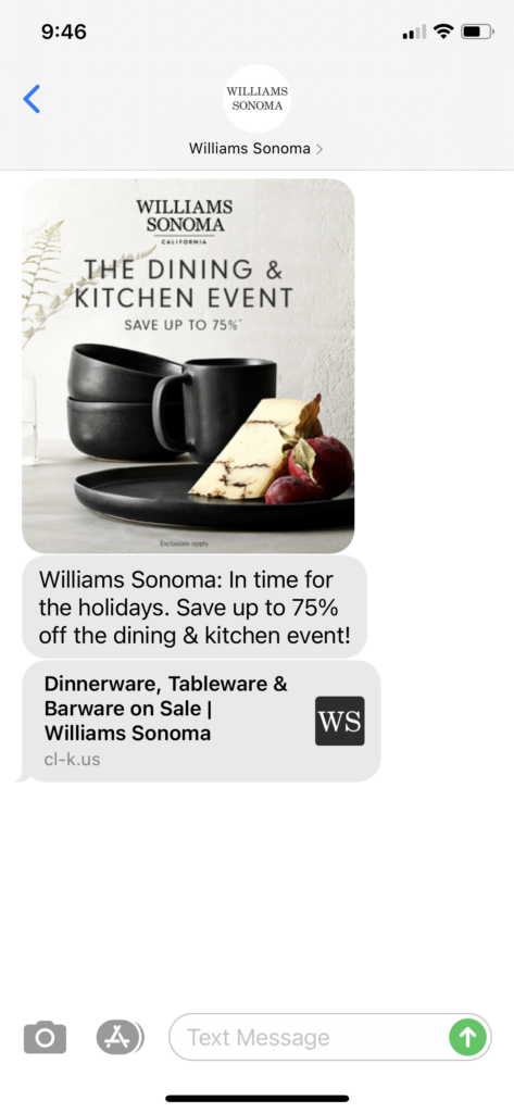 Williams Sonoma Text Message Marketing Example - 10.24.2020