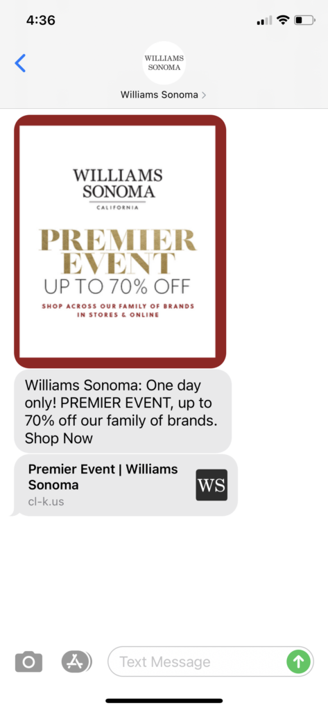 Williams Sonoma Text Message Marketing Example - 10.27.2020