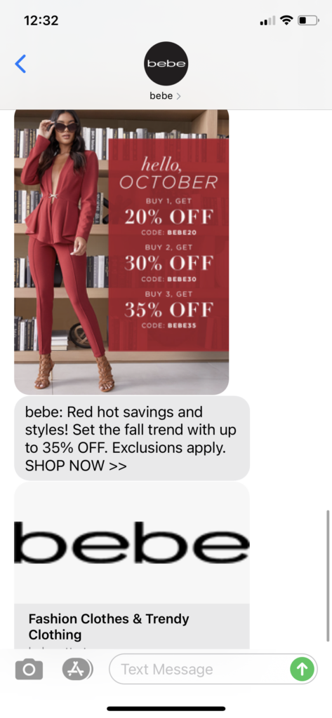 bebe Text Message Marketing Example - 10.01.2020
