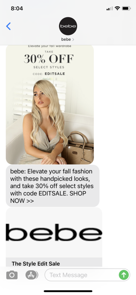 bebe Text Message Marketing Example - 10.16.2020