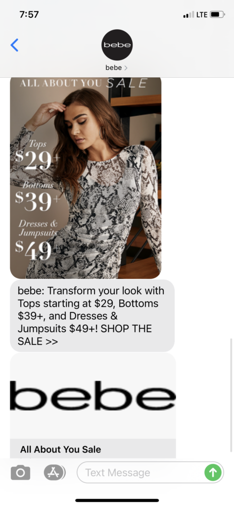 bebe Text Message Marketing Example - 10.22.2020
