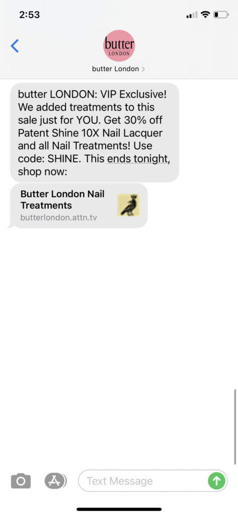 butter London Text Message Marketing Example - 10.08.2020