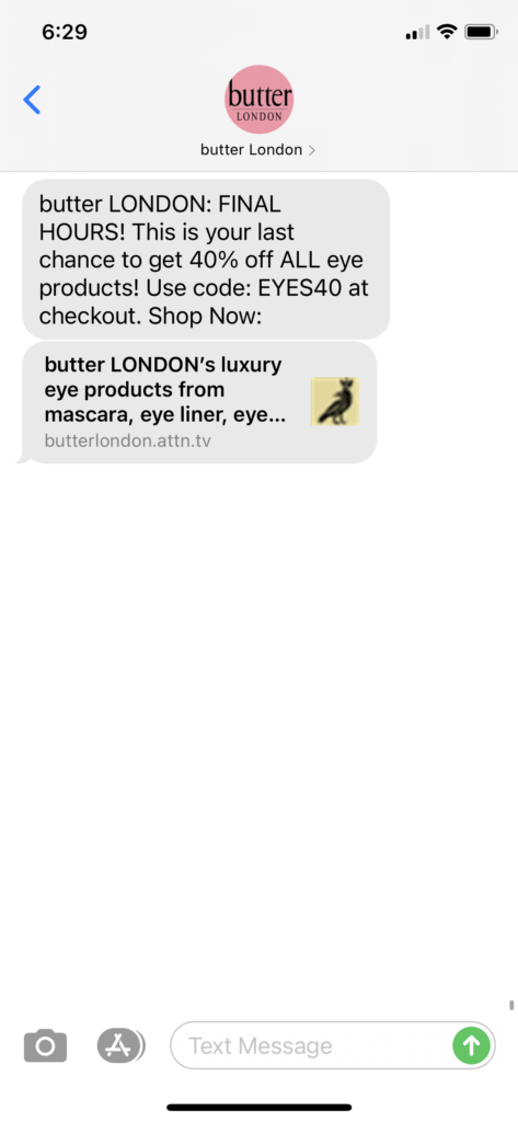 butter London Text Message Marketing Example - 10.18.2020