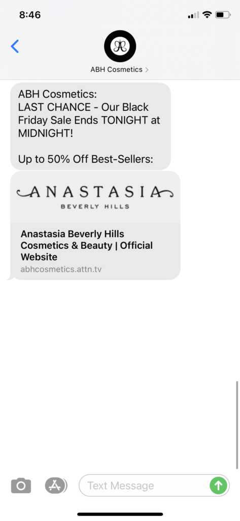 ABH Cosmetics Text Message Marketing Example - 11.29.2020.PNG