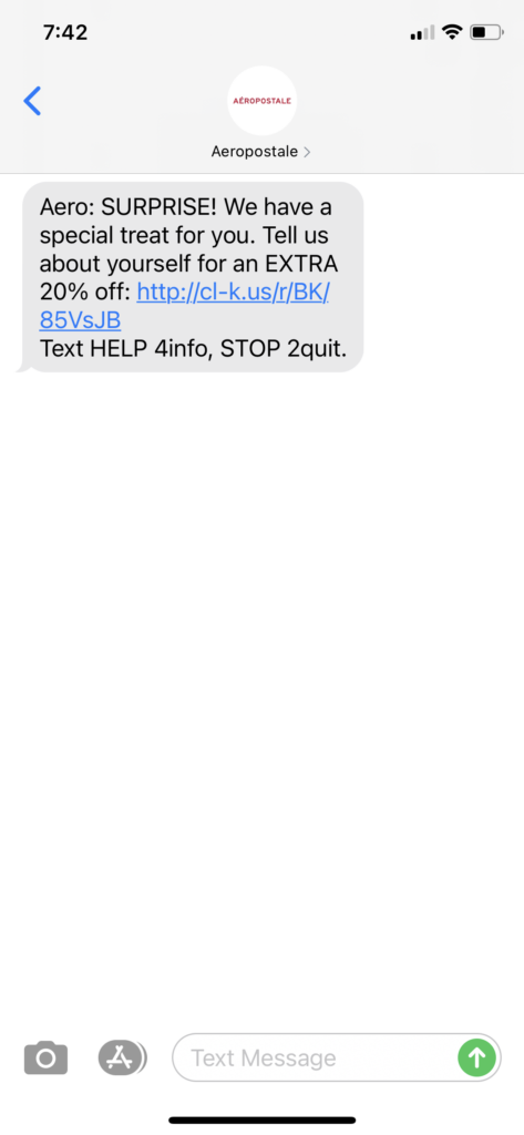 Aeropostale Text Message Marketing Example - 11.03.2020