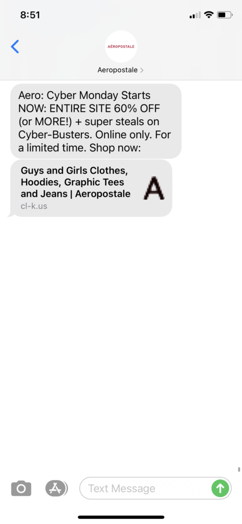 Aeropostale Text Message Marketing Example - 11.29.2020.PNG