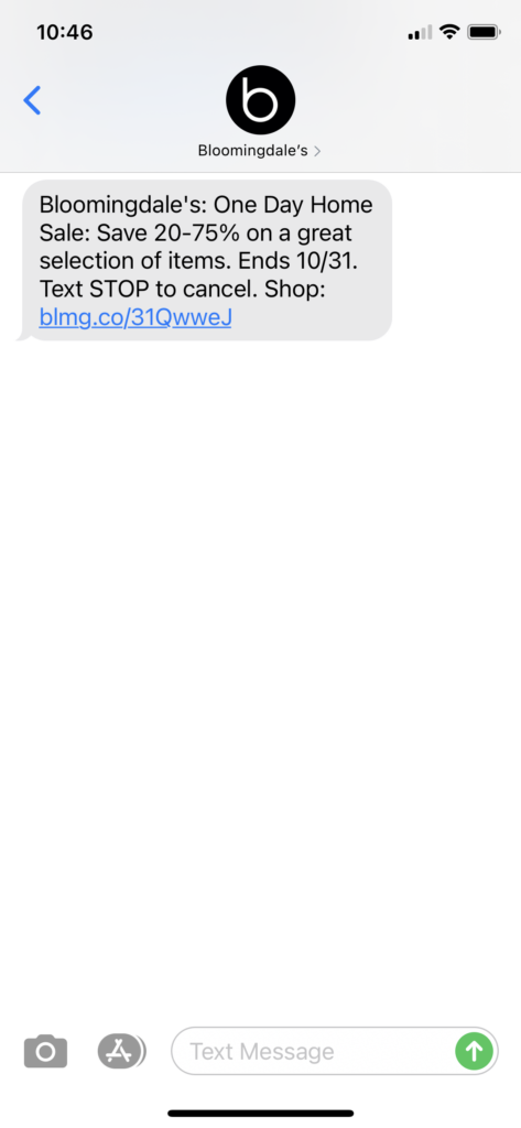 Bloomingdales Text Message Marketing Example - 10.29.2020