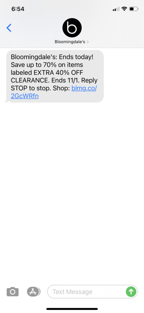 Bloomingdales Text Message Marketing Example - 11.01.2020