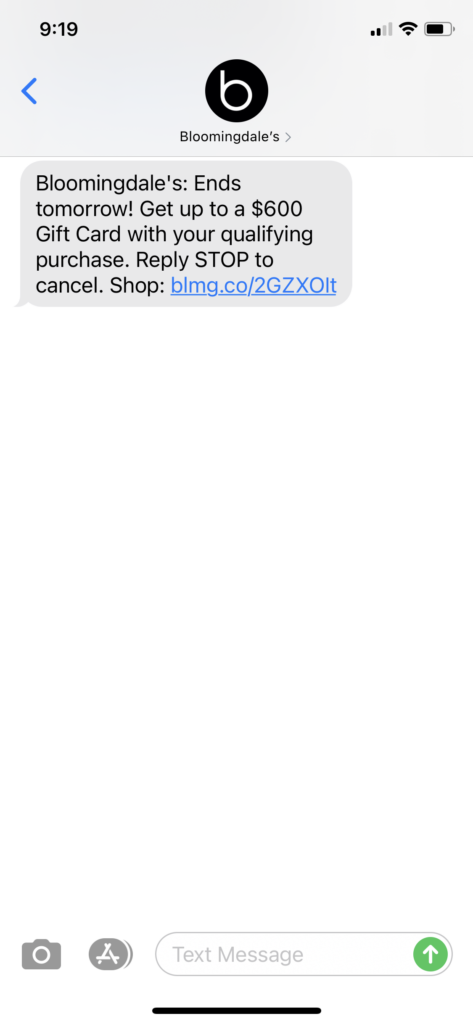 Bloomingdales Text Message Marketing Example - 11.14.2020