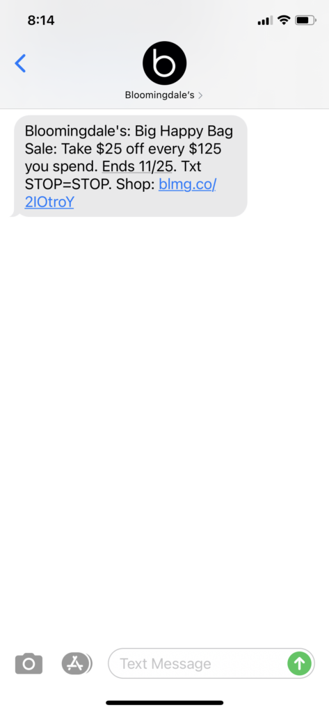 Bloomingdales Text Message Marketing Example - 11.18.2020.PNG
