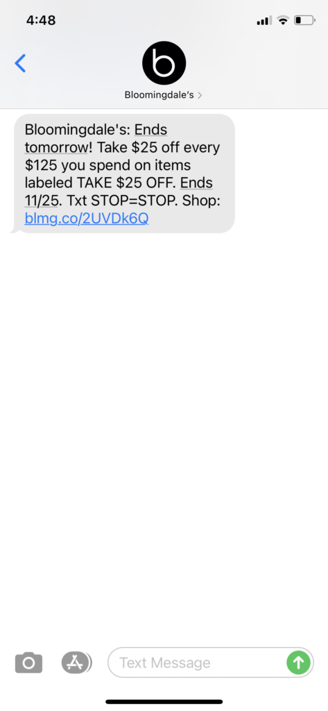 Bloomingdales Text Message Marketing Example - 11.24.2020.PNG