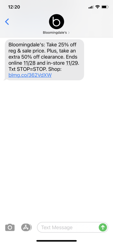 Bloomingdales Text Message Marketing Example - 11.27.2020.PNG