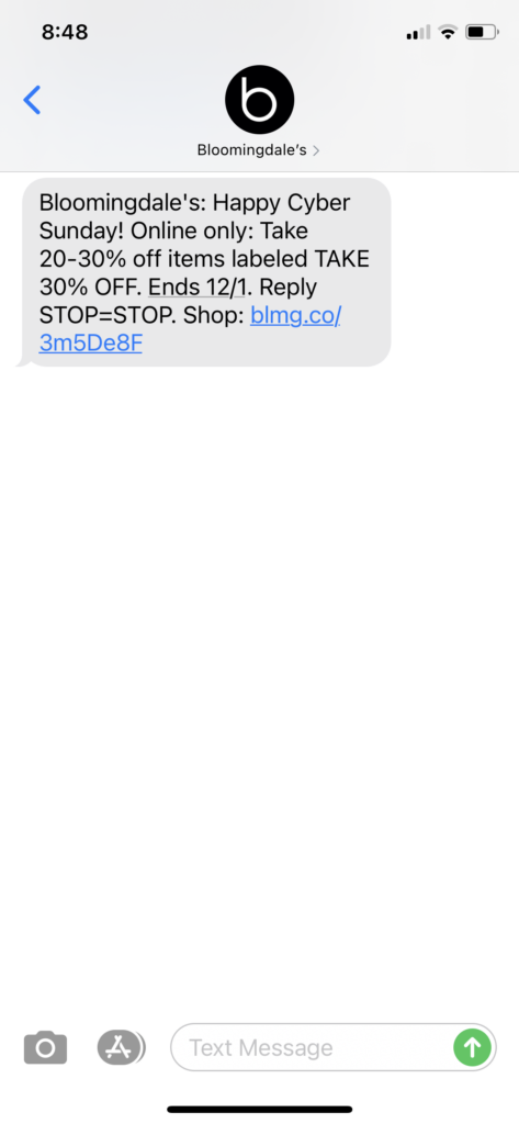 Bloomingdales Text Message Marketing Example - 11.29.2020.PNG