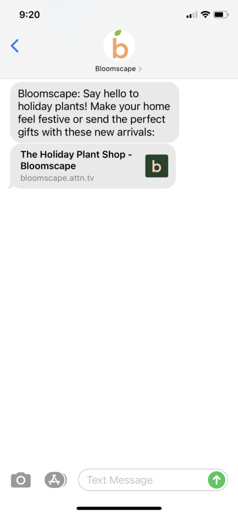 Bloomscape Text Message Marketing Example - 11.14.2020