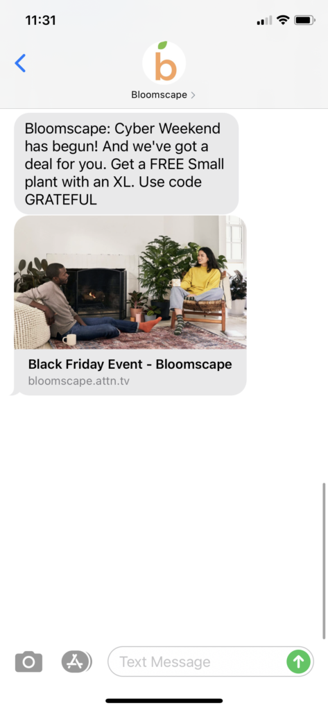 Bloomscape Text Message Marketing Example - 11.27.2020.PNG