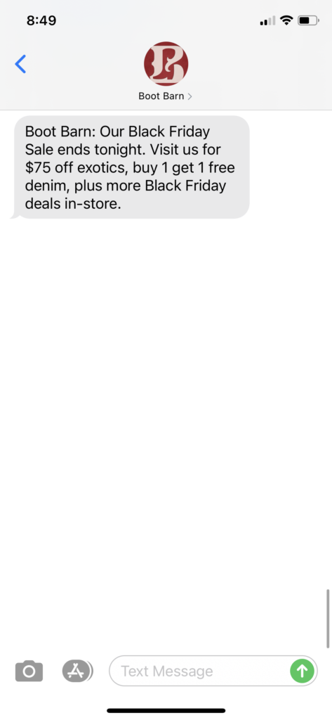 Boot Barn Text Message Marketing Example - 11.29.2020.PNG