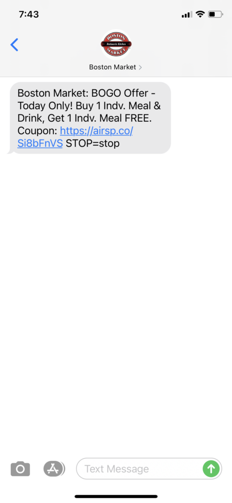 Boston Market Text Message Marketing Example - 11.03.2020