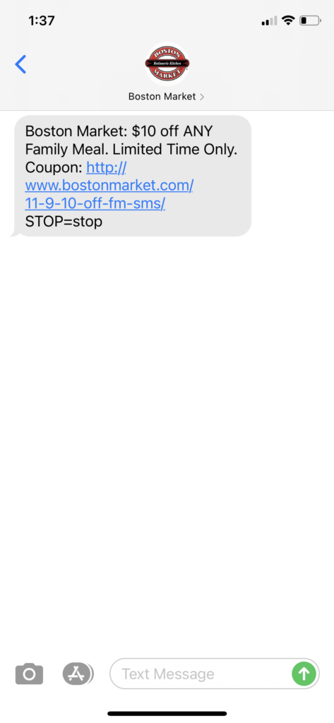 Boston Market Text Message Marketing Example - 11.09.2020