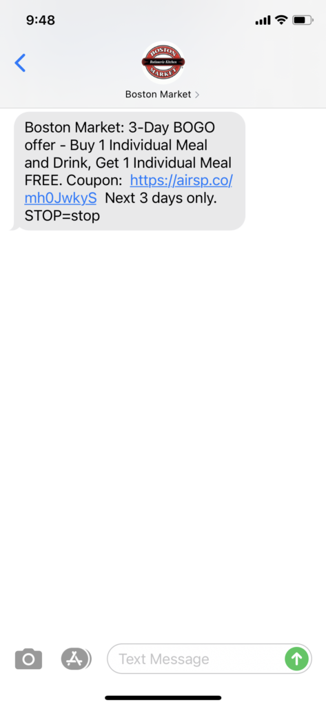 Boston Market Text Message Marketing Example - 11.13.2020