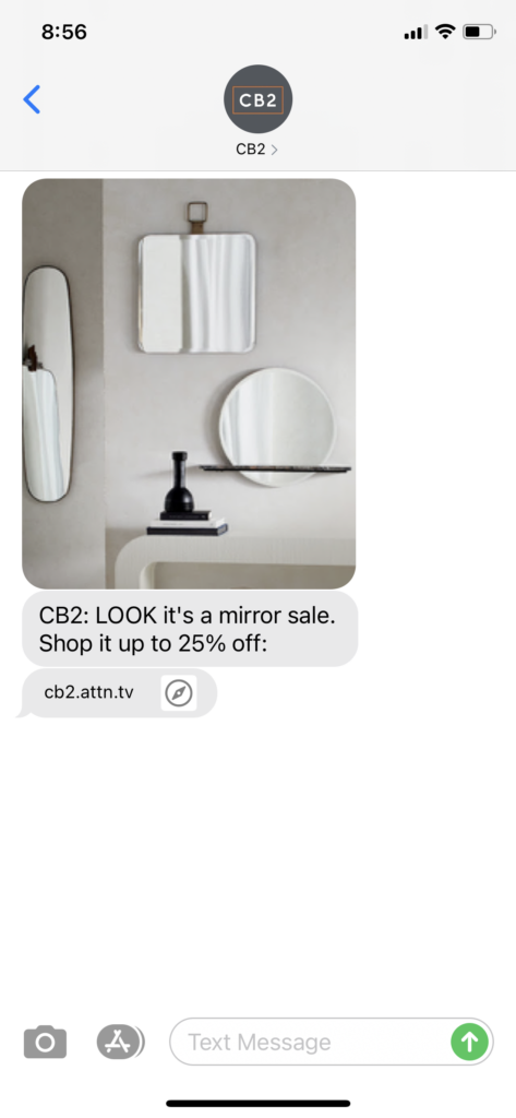 CB2 Text Message Marketing Example - 10.31.2020