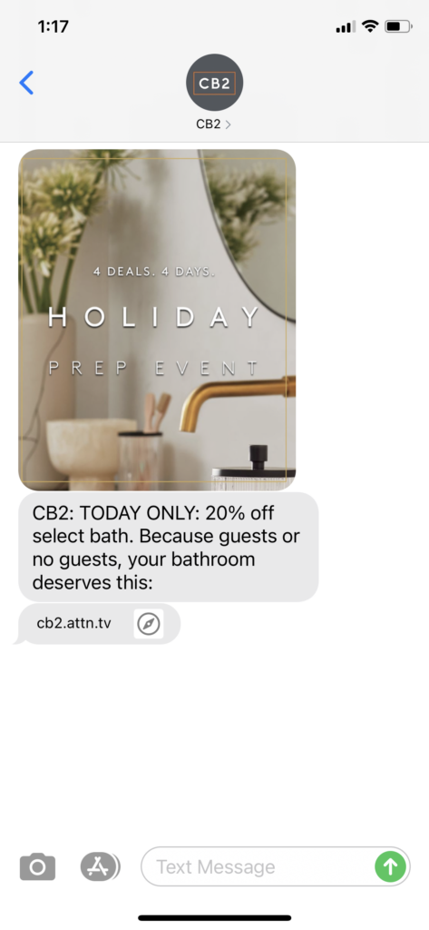 CB2 Text Message Marketing Example - 11.16.2020