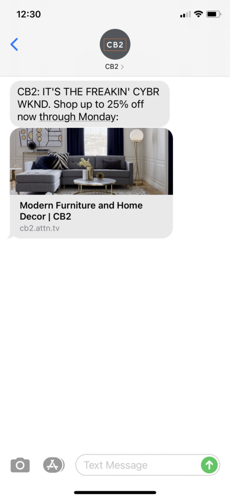 CB2 Text Message Marketing Example - 11.27.2020.PNG