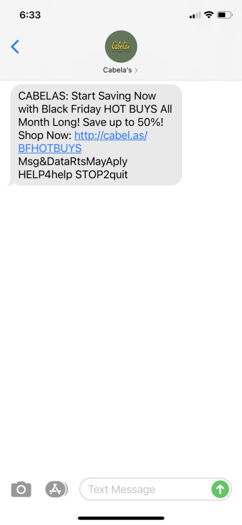 Cabela's Text Message Marketing Example - 11.06.2020
