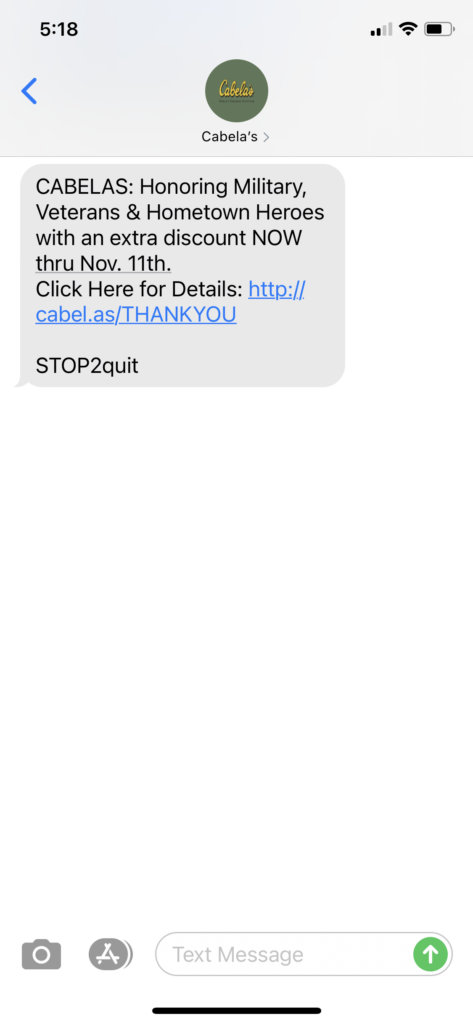 Cabela's Text Message Marketing Example - 11.08.2020