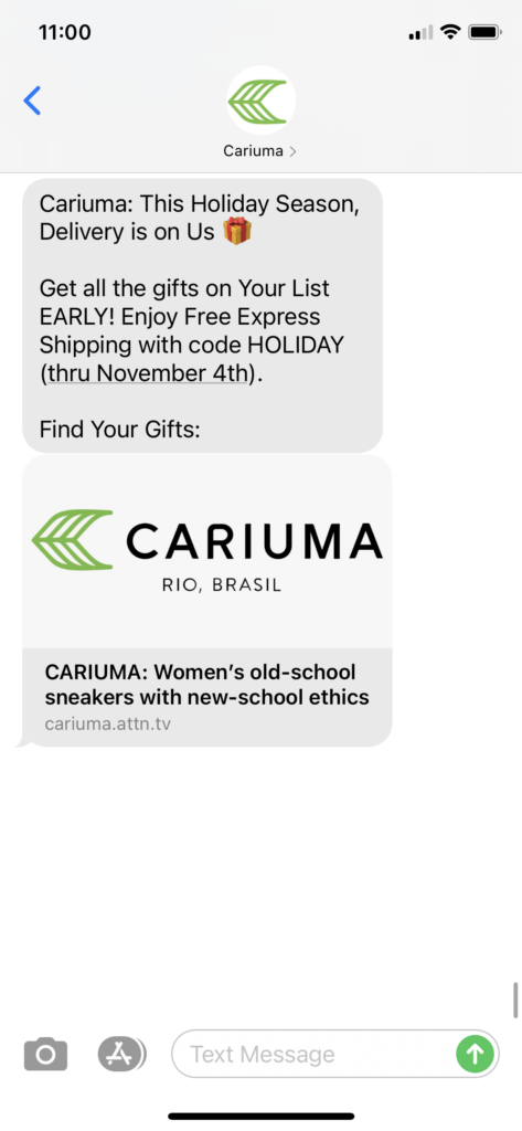 Cariuma Text Message Marketing Example - 10.28.2020