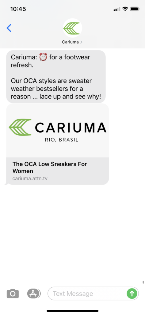 Cariuma Text Message Marketing Example - 10.29.2020