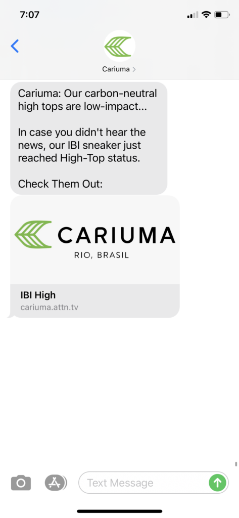 Cariuma Text Message Marketing Example - 10.30.2020