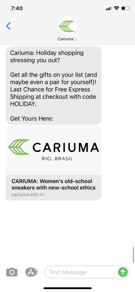 Cariuma Text Message Marketing Example - 11.03.2020