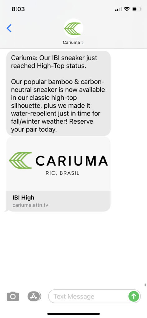 Cariuma Text Message Marketing Example - 11.16.2020