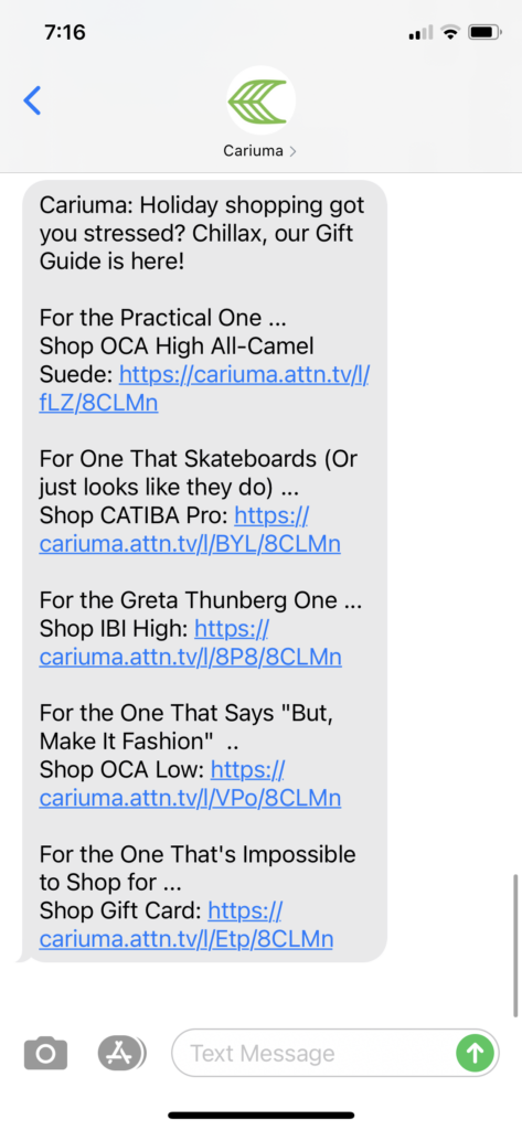Cariuma Text Message Marketing Example - 11.19.2020