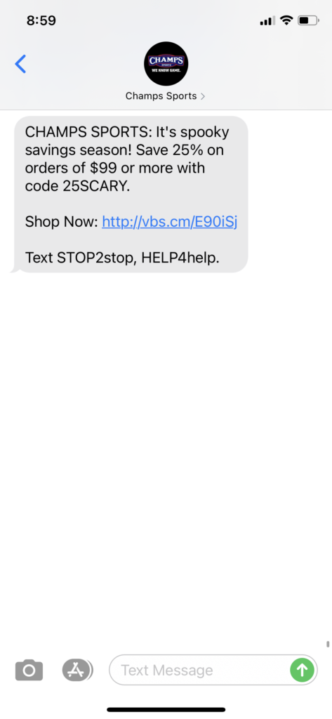 Champs Sports Text Message Marketing Example - 10.31.2020