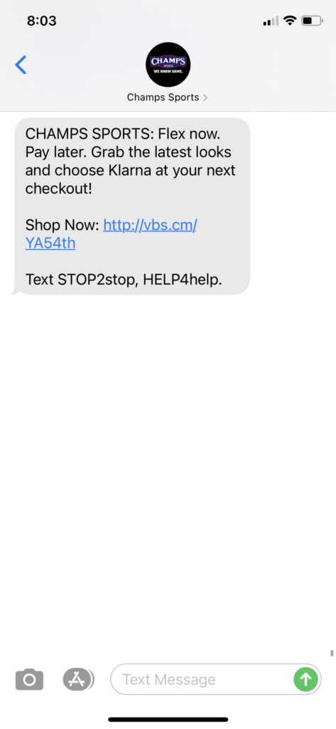 Champs Sports Text Message Marketing Example - 11.16.2020