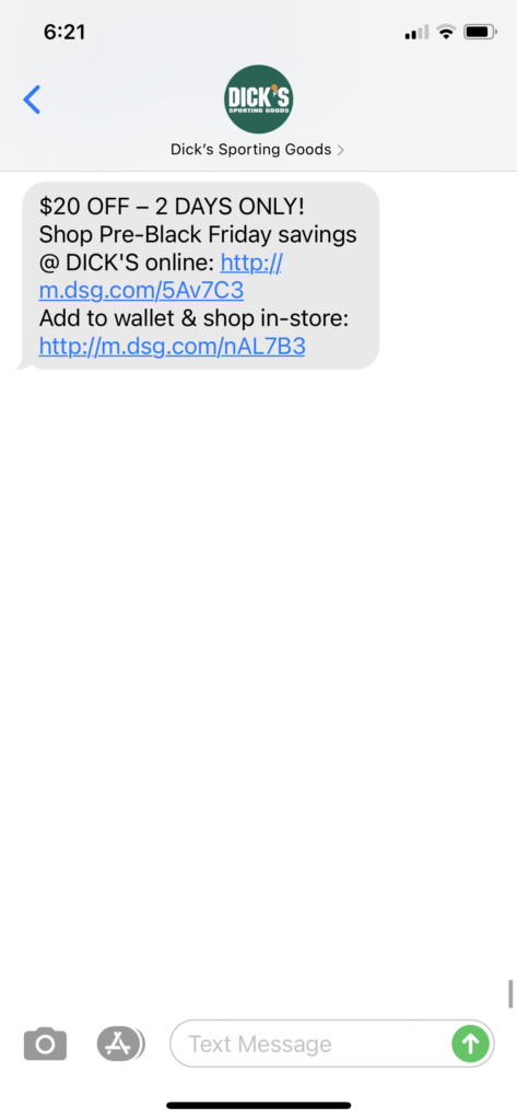 Dick's Sporting Goods Text Message Marketing Example - 11.20.2020.PNG