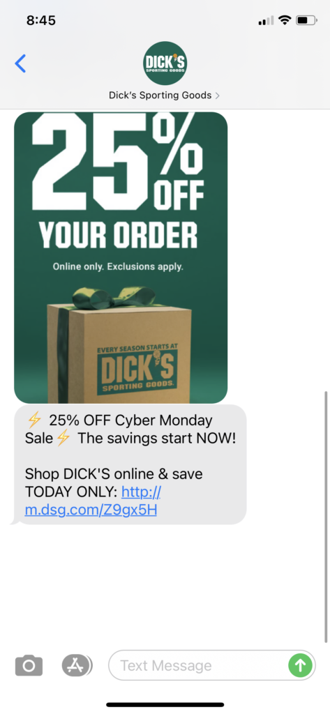 Dick's Sporting Goods Text Message Marketing Example - 11.29.2020