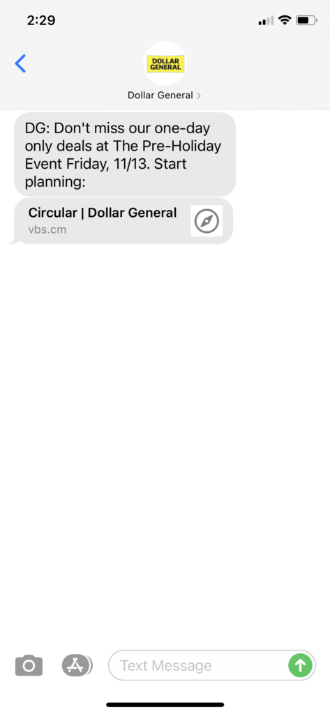 Dollar General Text Message Marketing Example - 11.09.2020