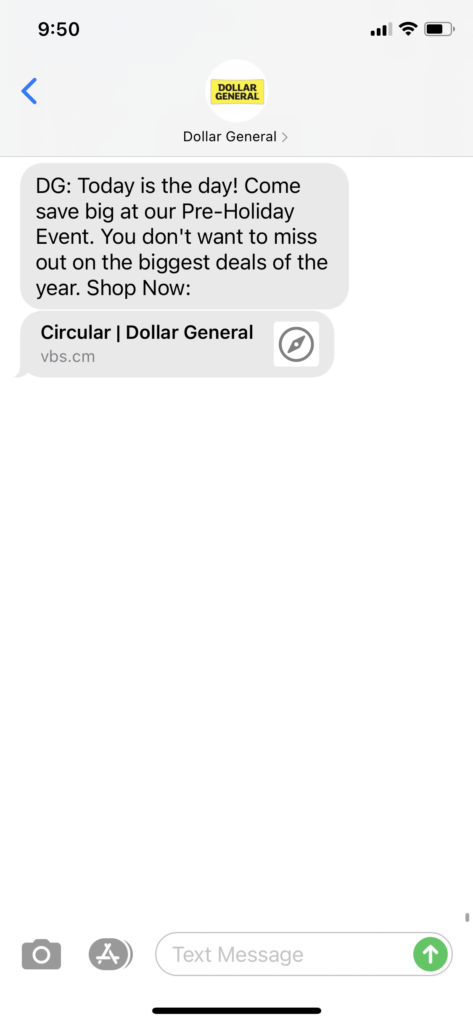 Dollar General Text Message Marketing Example - 11.13.2020