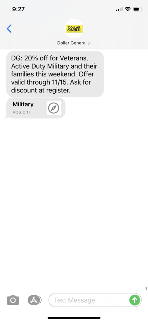 Dollar General Text Message Marketing Example - 11.14.2020